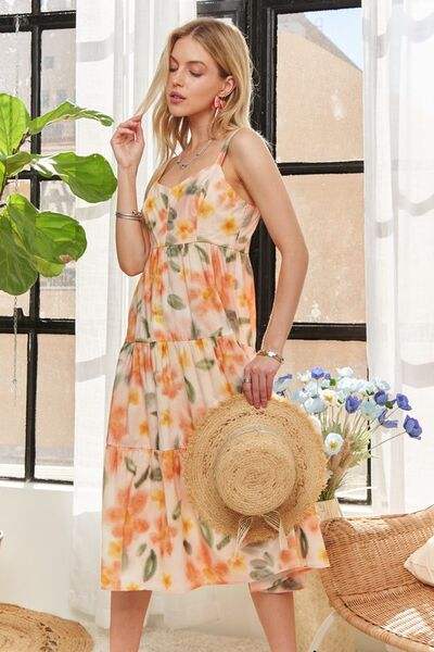 ADORA Smocked Back Floral Adjustable Strap Midi Dress - Trendsi - Flyclothing LLC