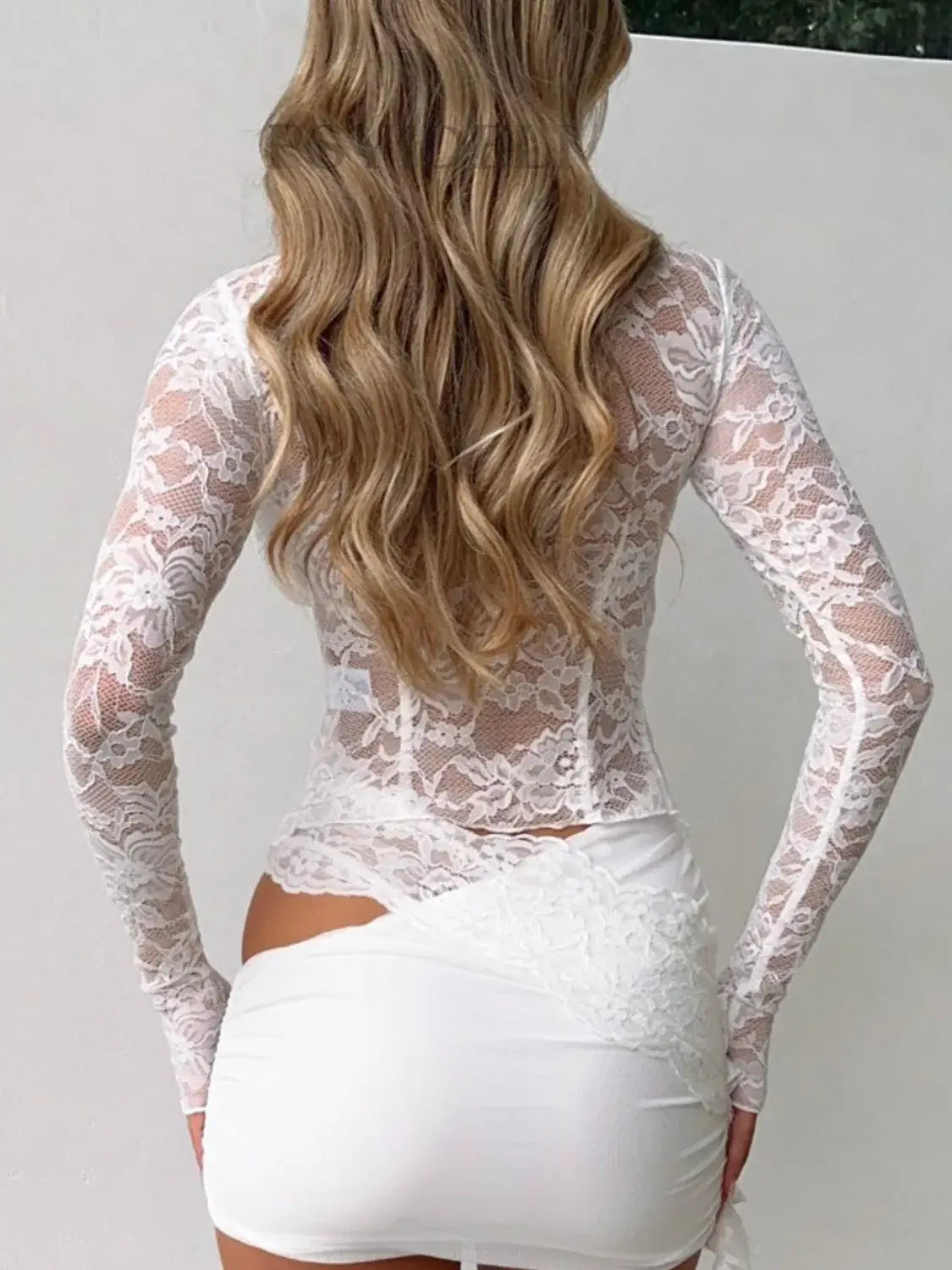 Devine Tied Front Ruffled Long Sleeve Lace Shirt - Trendsi - Flyclothing LLC