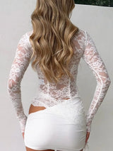 Devine Tied Front Ruffled Long Sleeve Lace Shirt - Trendsi - Flyclothing LLC
