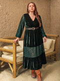 Plus Size Lace Patchwork V-Neck Balloon Sleeve Midi Dress - Trendsi - Flyclothing LLC