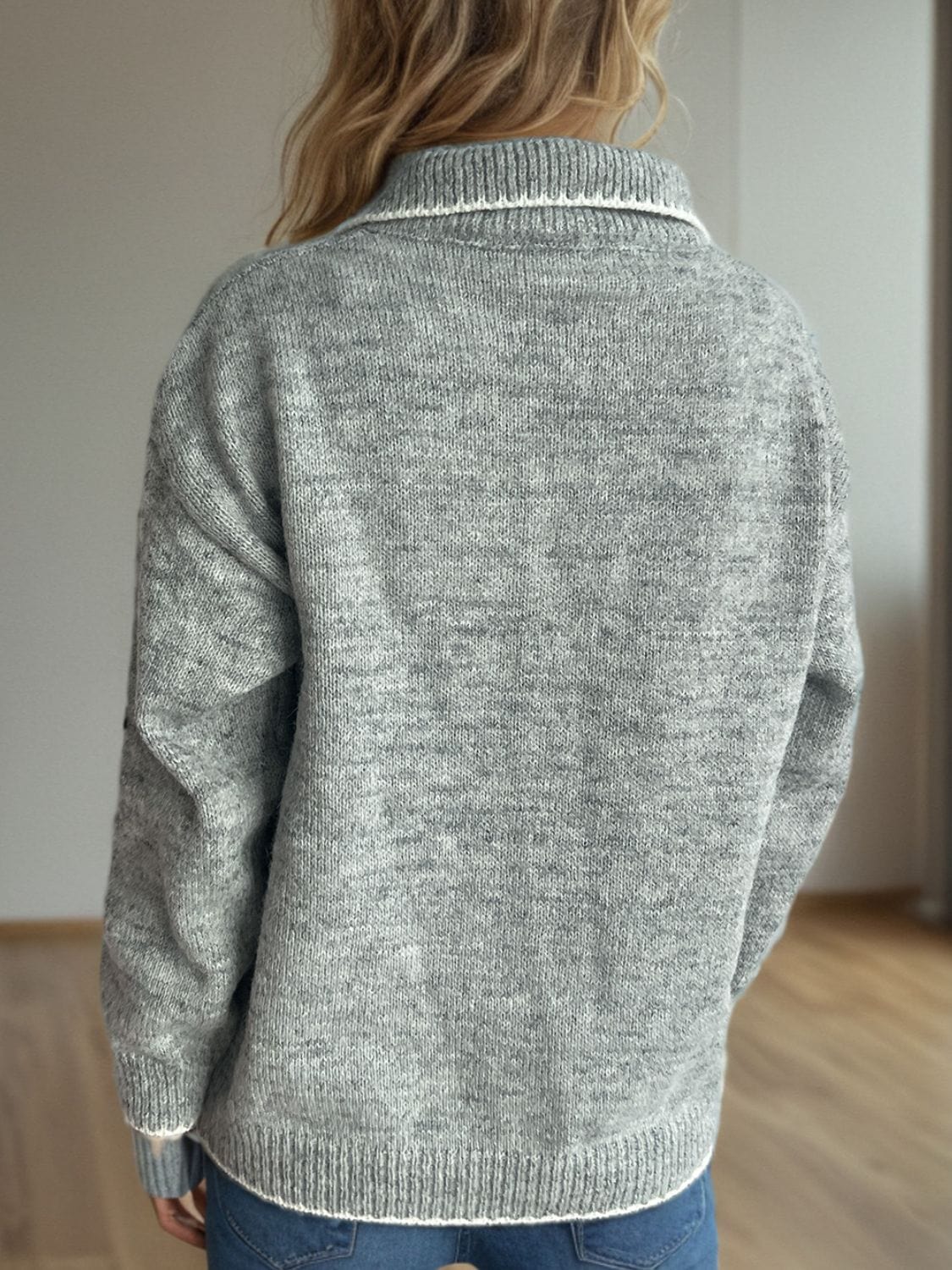 Contrast Trim Quarter Button Long Sleeve Sweater - Trendsi