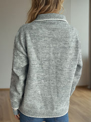 Contrast Trim Quarter Button Long Sleeve Sweater - Trendsi