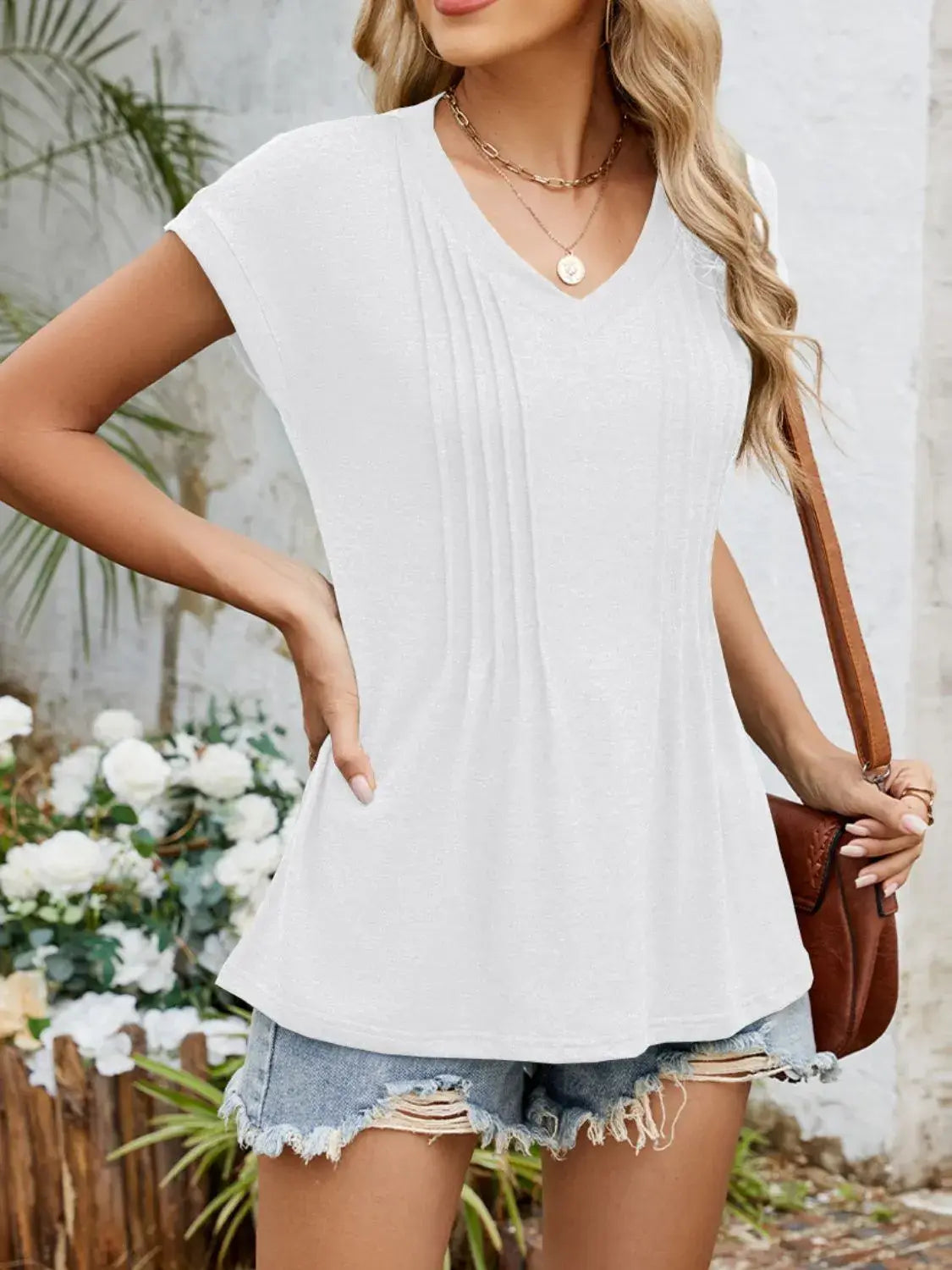 Casual V-Neck Pleated Front T-Shirt - Trendsi - Flyclothing LLC