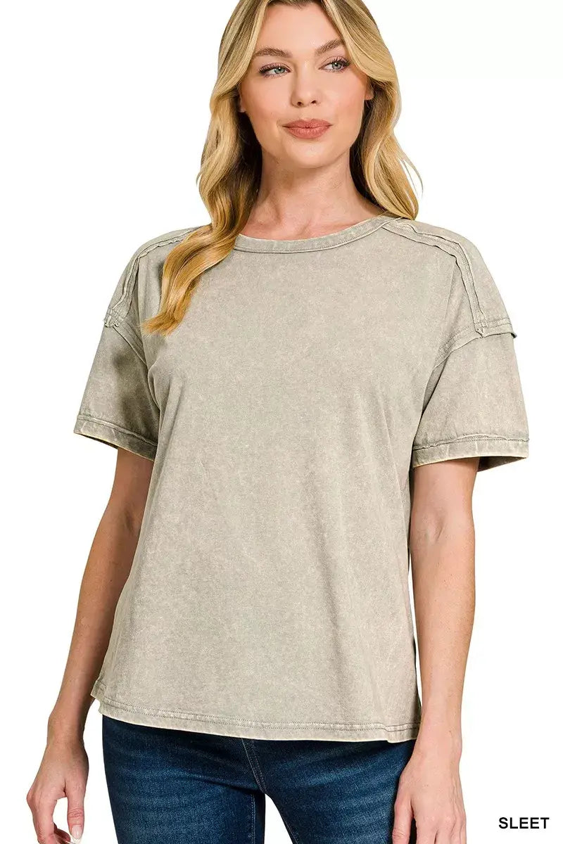 Zenana Acid Washed Round Neck T-shirts - Trendsi - Flyclothing LLC