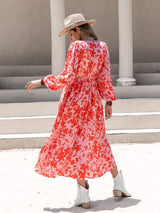 Tied Cutout Printed Long Sleeve Midi Dress - Trendsi - Flyclothing LLC