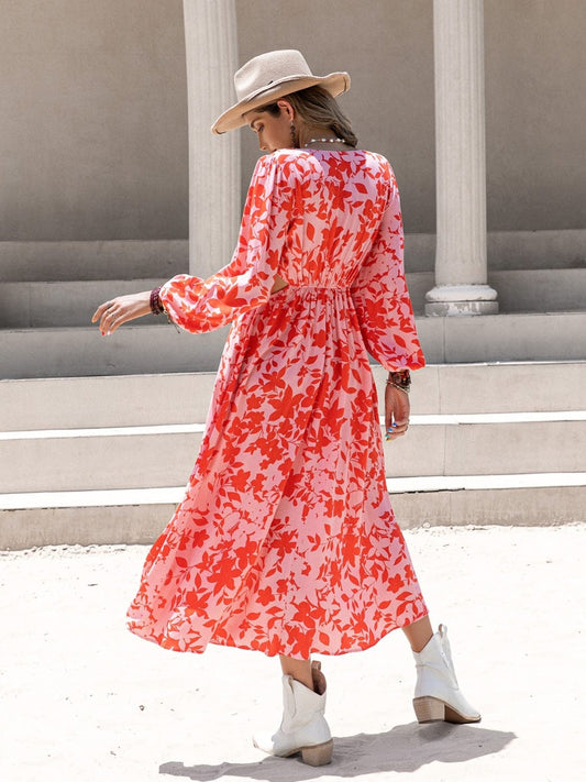 Tied Cutout Printed Long Sleeve Midi Dress
