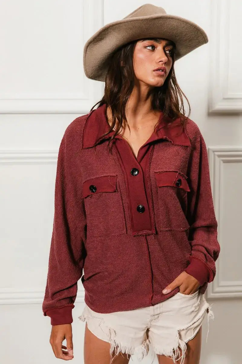 BiBi Cp French Terry Cut Edge Detail Collared Top - Trendsi - Flyclothing LLC
