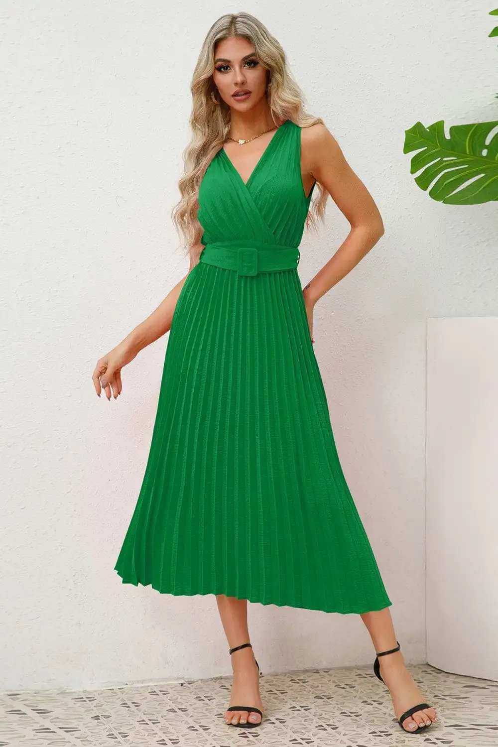 Surplice Sleeveless Midi Pleated Dress - Trendsi - Flyclothing LLC