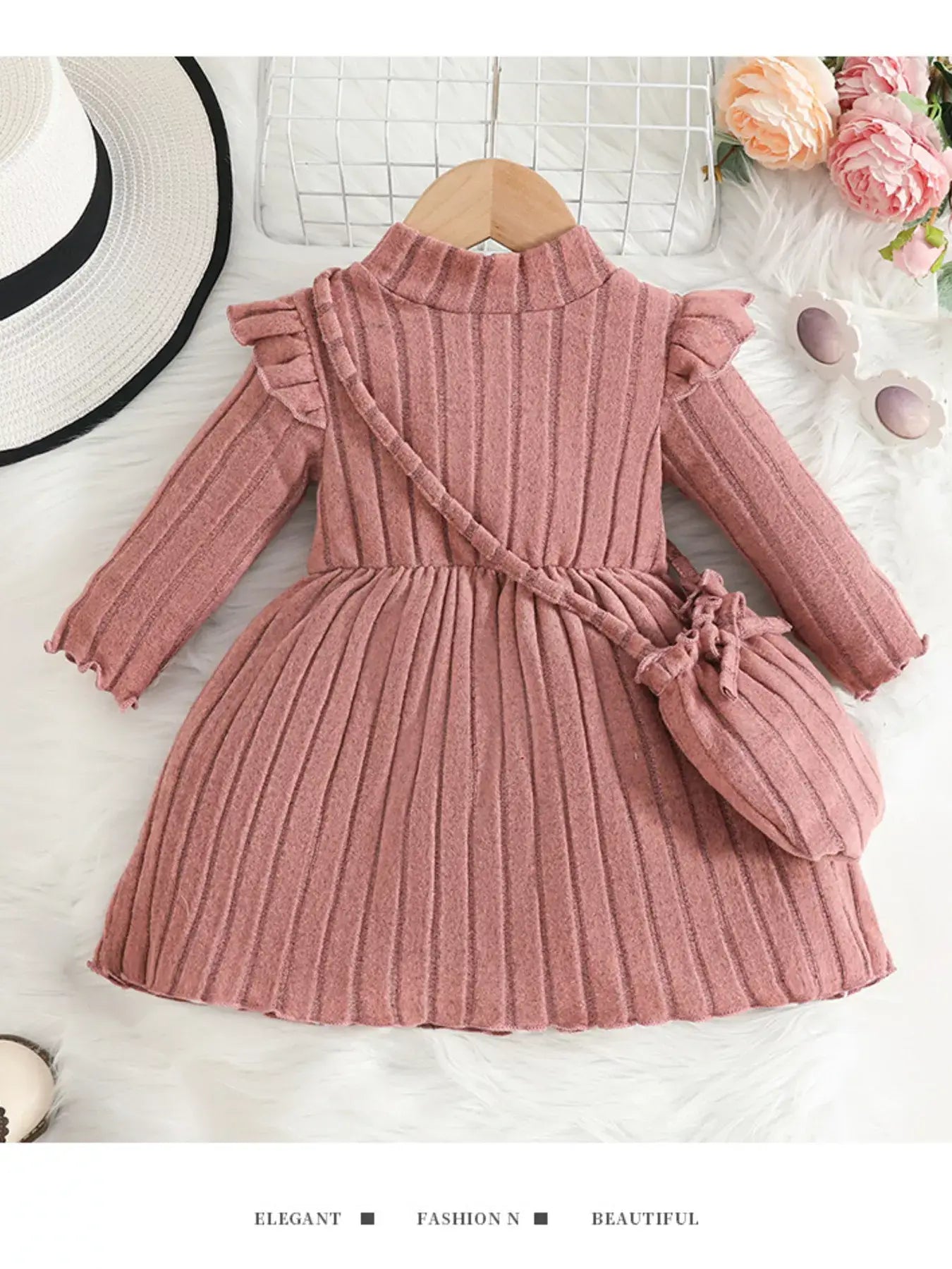 Children's Ribbed Knit Ruffle Trim Dress with Bag - Trendsi - Flyclothing LLC