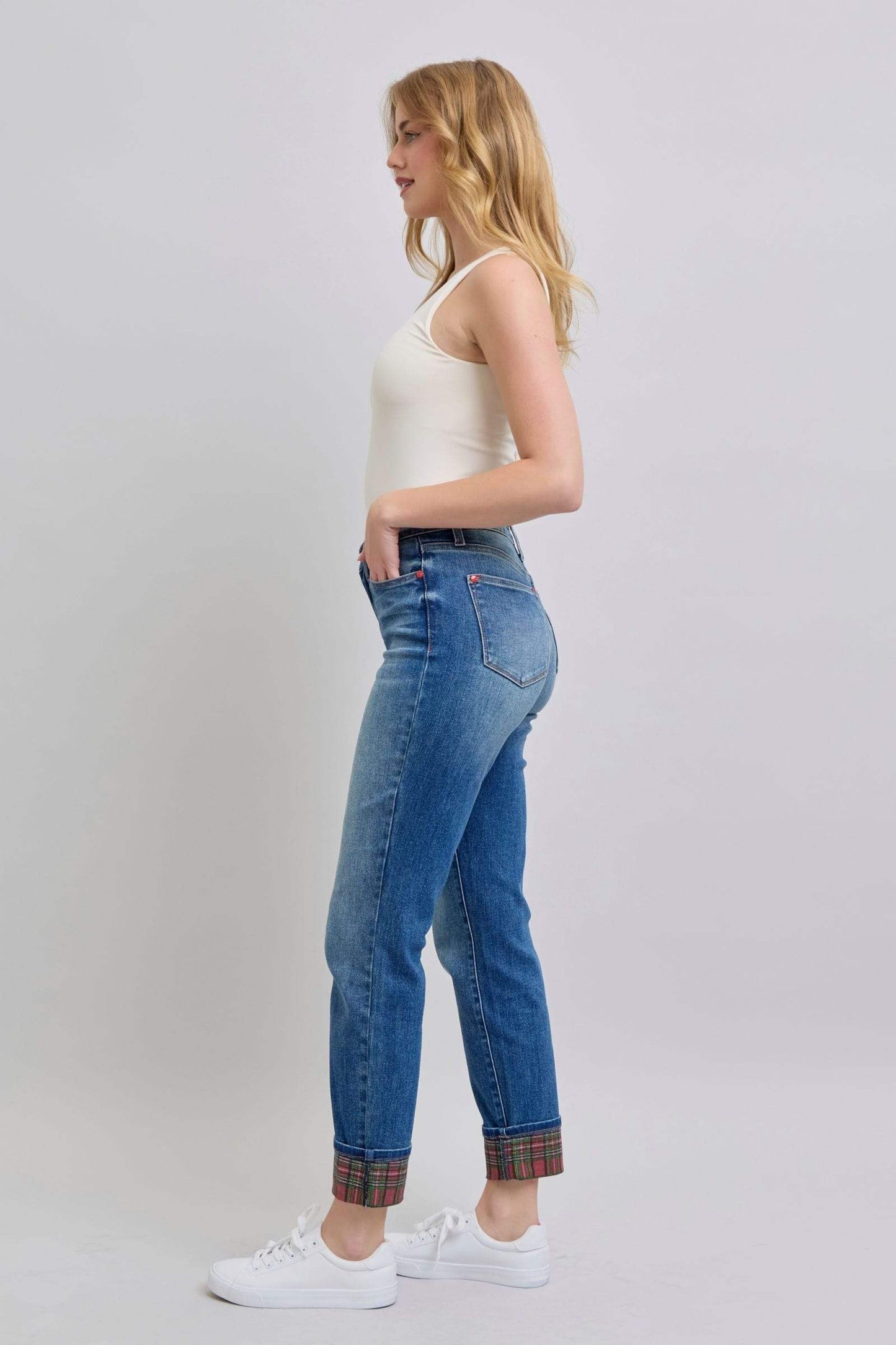 Judy Blue Full Size Plaid Print Cuff Straight Leg Jeans with Pockets - Trendsi - Flyclothing LLC