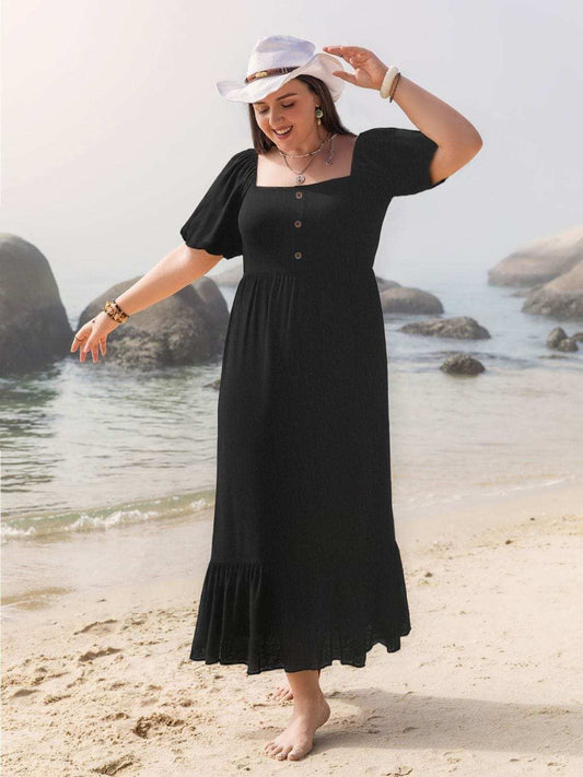 Plus Size Ruffled Hem Square Neck Short Sleeve Dress - Trendsi - Flyclothing LLC