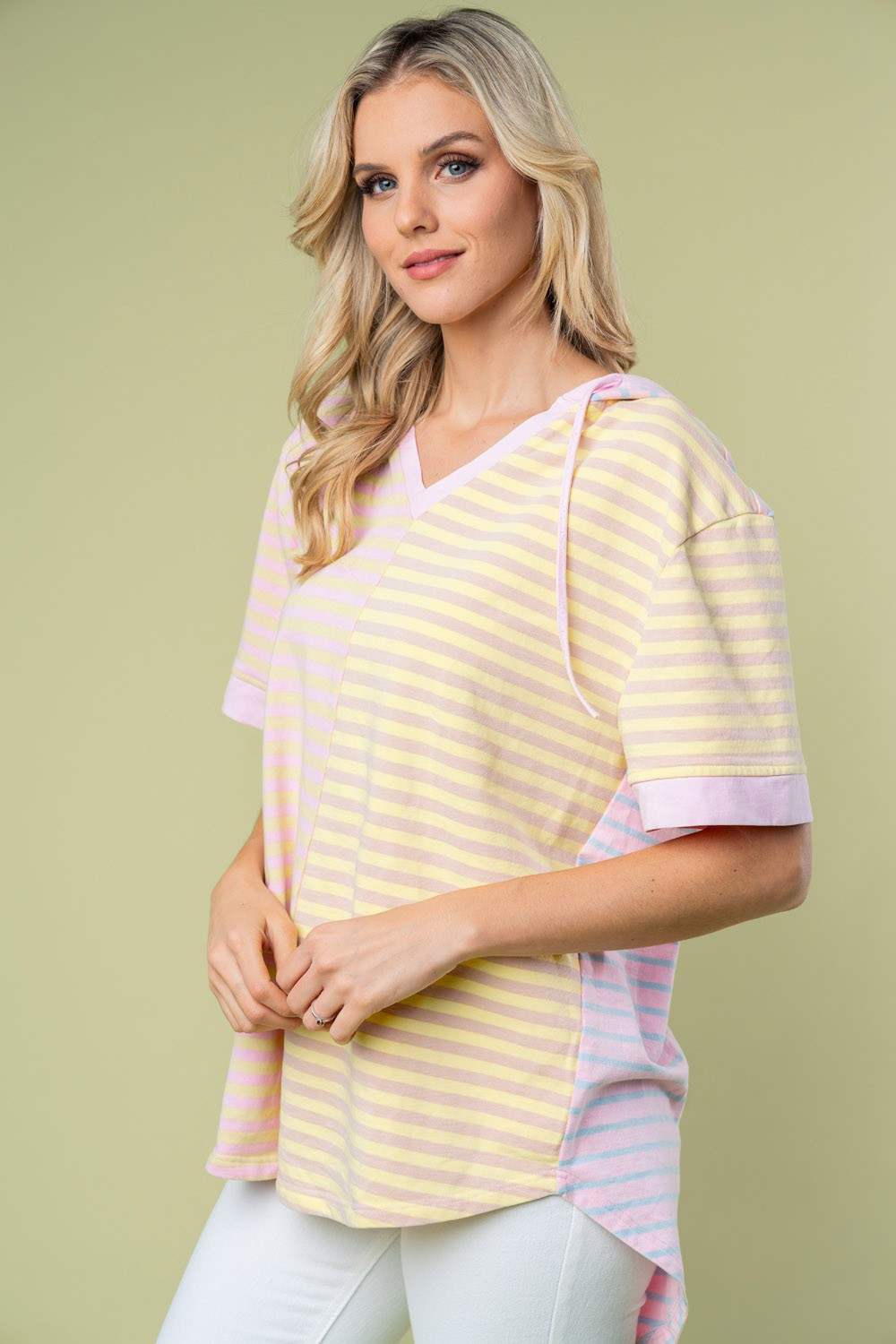 White Birch Full Size Striped Short Sleeve Drawstring Hooded Top - Trendsi - Flyclothing LLC