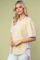 White Birch Full Size Striped Short Sleeve Drawstring Hooded Top Trendsi