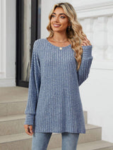 Ribbed Round Neck Long Sleeve T-Shirt - Trendsi - Flyclothing LLC