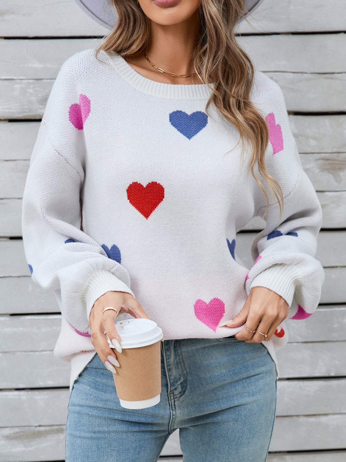 Angel Wings Heart Round Neck Long Sleeve Sweater - Trendsi - Flyclothing LLC