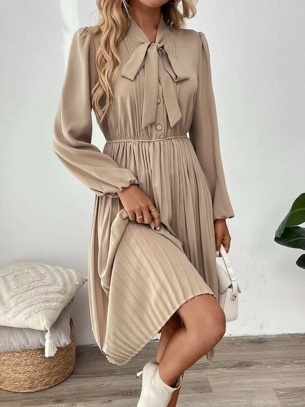 Perfee Pleated Tie Neck Long Sleeve Dress - Trendsi - Flyclothing LLC