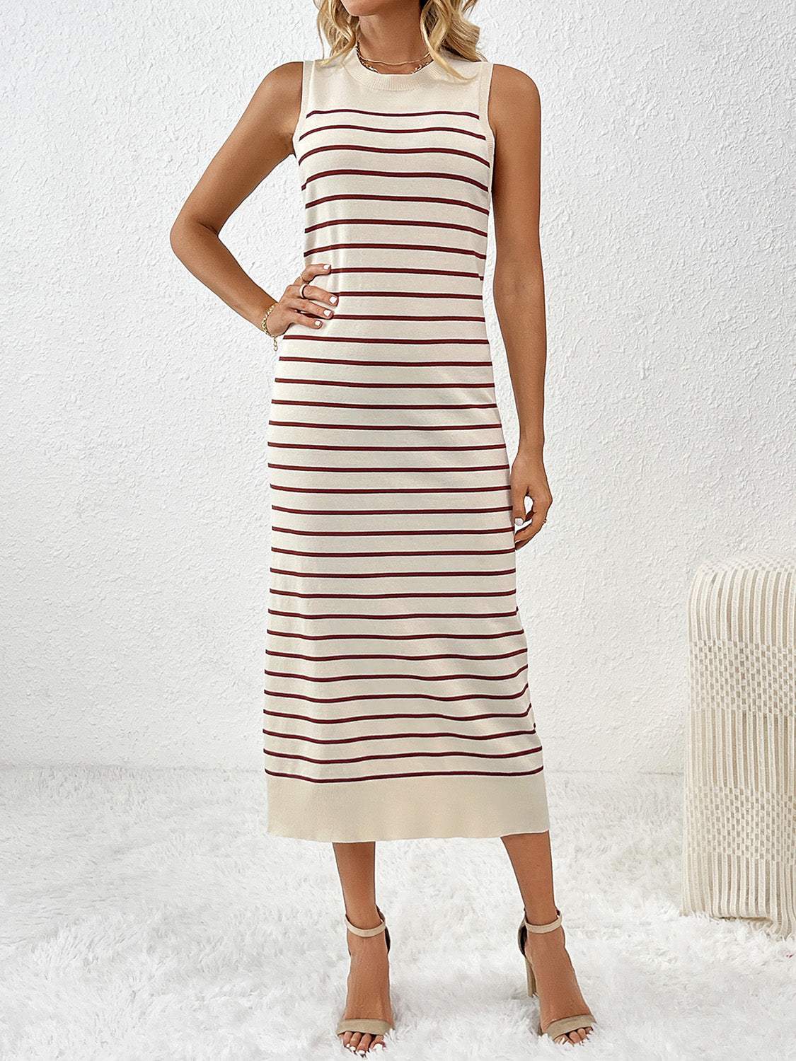 Round Neck Sleeve Midi Knit Dress - Trendsi - Flyclothing LLC