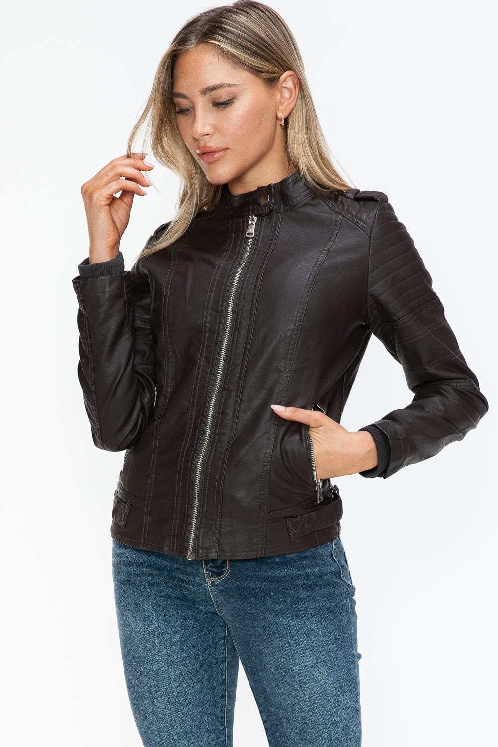 Snobbish PU Leather Biker Jacket with Side Zip Pockets - Trendsi - Flyclothing LLC