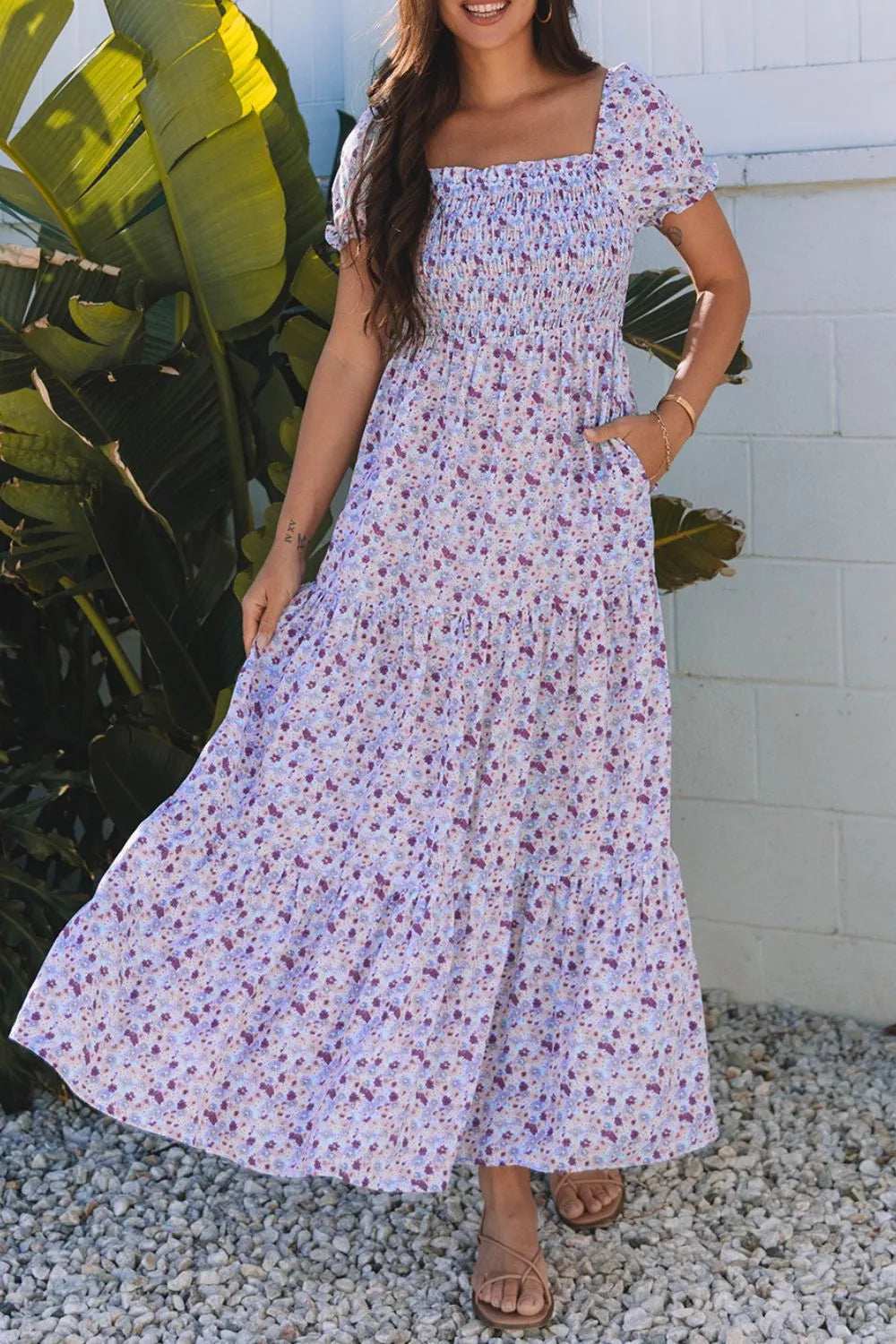 Tiered Floral Shirred High Waist Maxi Dress - Trendsi - Flyclothing LLC
