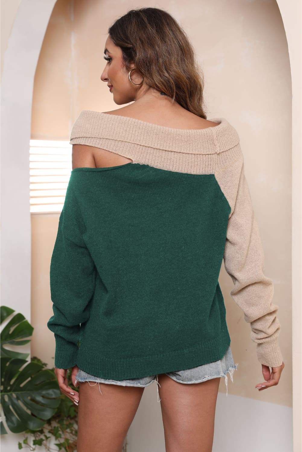 Asymmetrical Long Sleeve Two-Tone Cutout Sweater - Trendsi - Flyclothing LLC