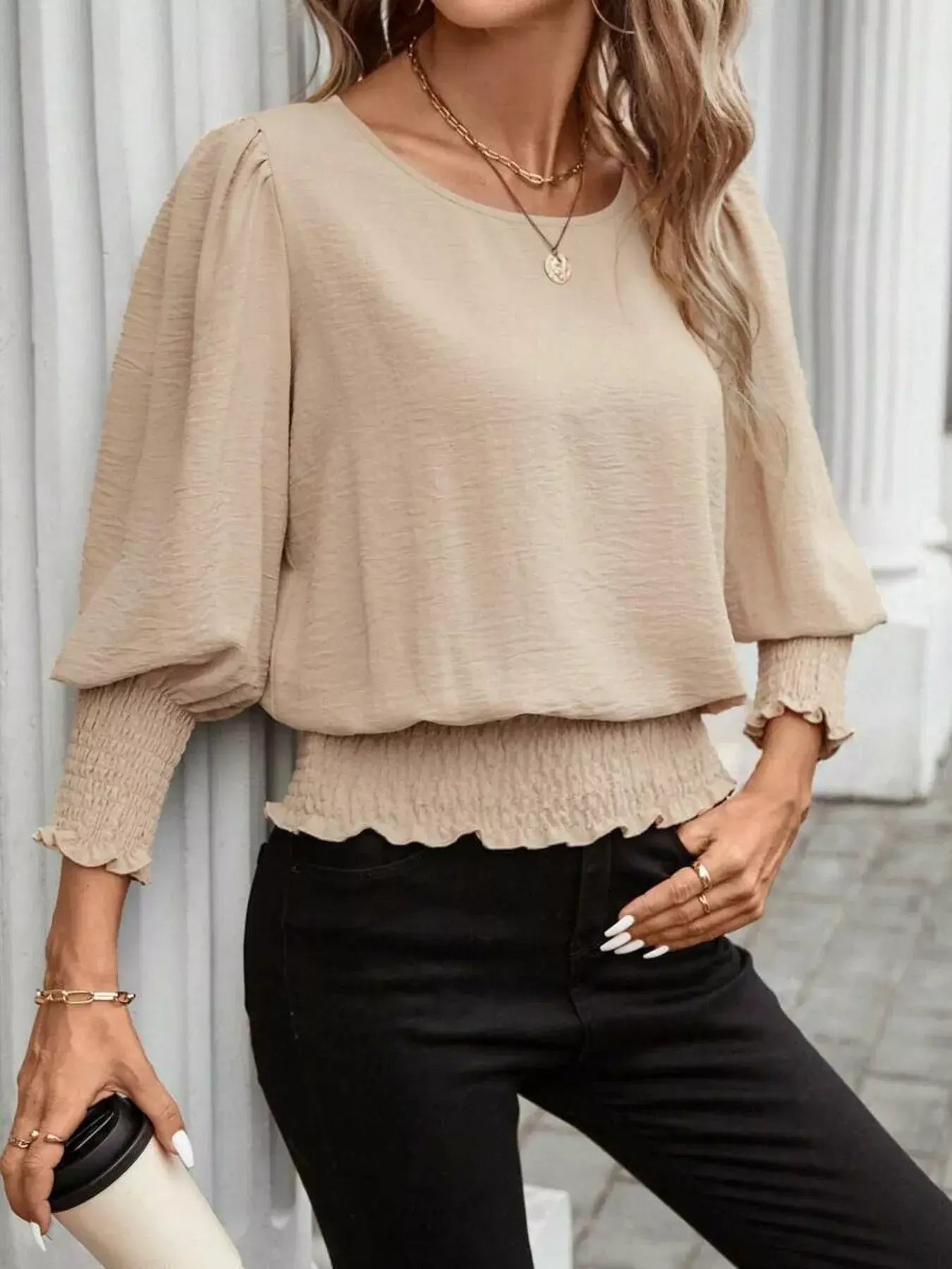 Smocked Waist Round Neck Blouse - Trendsi - Flyclothing LLC