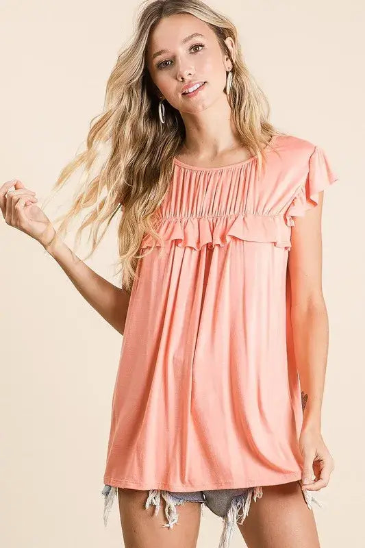 BiBi Jersey Knit Gathered Top with Ruffles - Trendsi - Flyclothing LLC