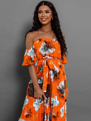Pleated Floral Off-Shoulder Short Sleeve Midi Dress - Trendsi