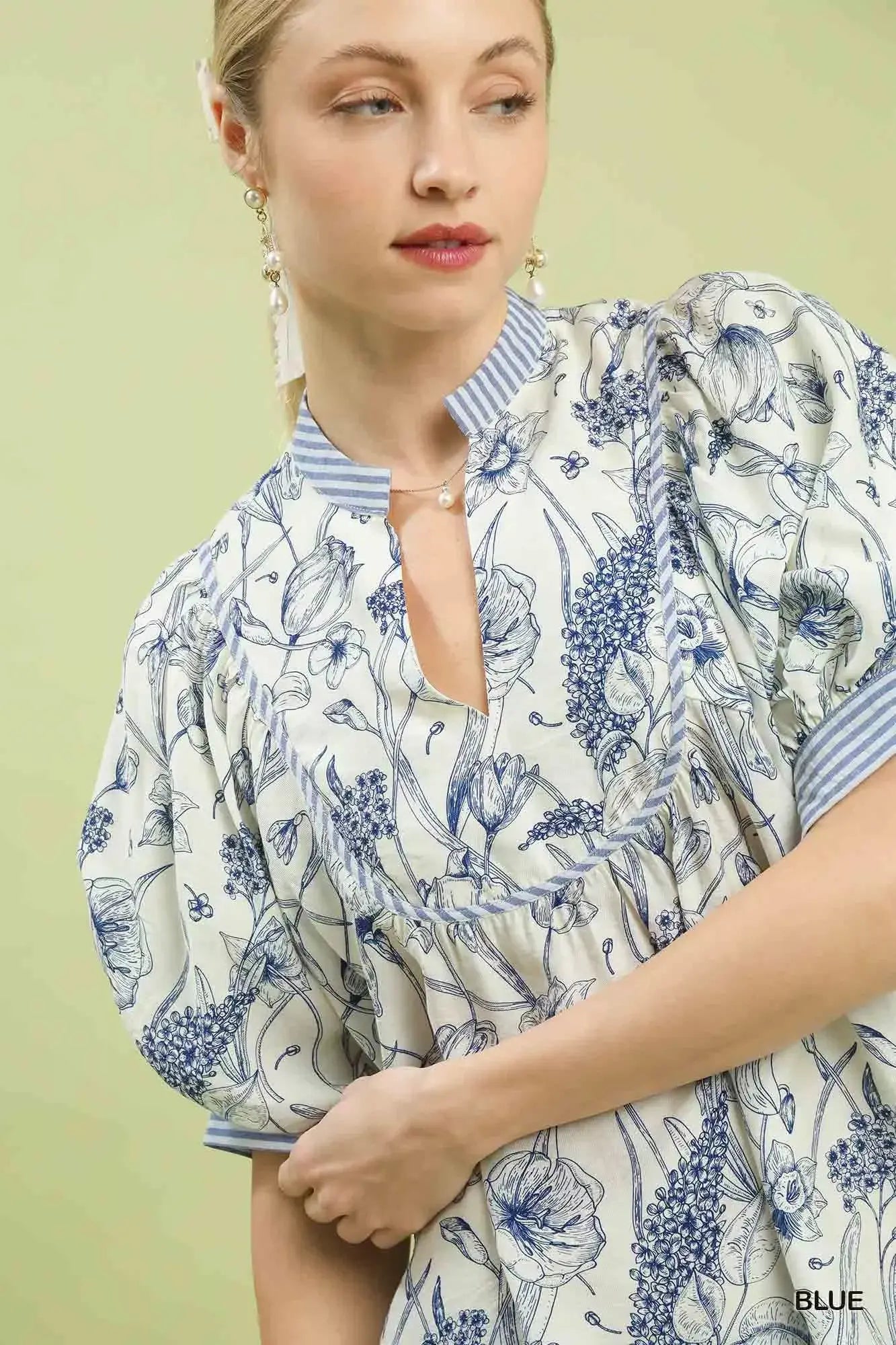 Umgee Mixed Print Puff Sleeve Split Neck Top - Trendsi - Flyclothing LLC