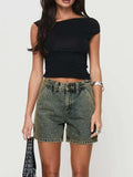 Washed High Rise Denim Shorts - Trendsi - Flyclothing LLC