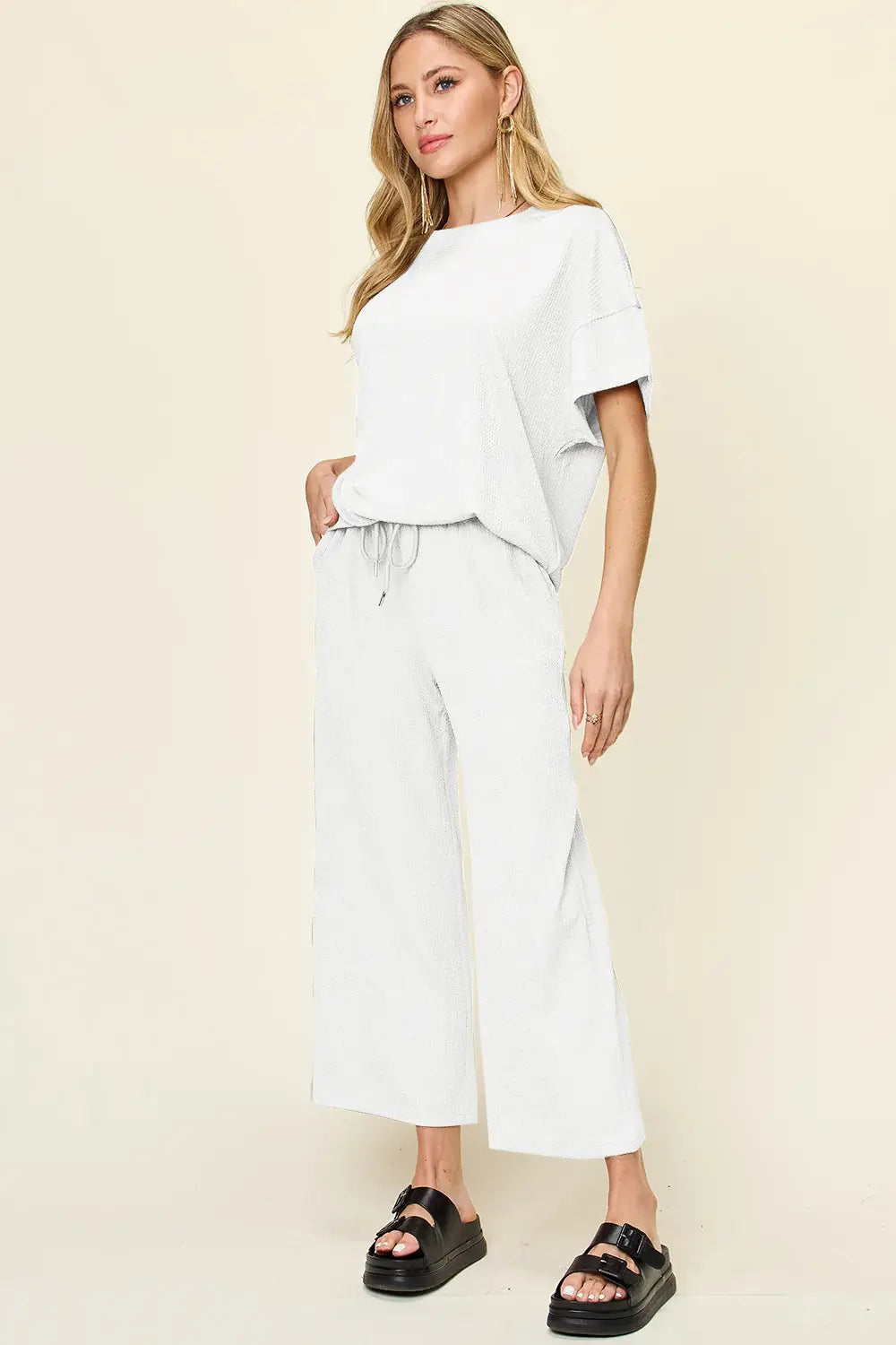 Double Take Full Size Texture Round Neck Short Sleeve T-Shirt and Wide Leg Pants - Trendsi - Flyclothing LLC