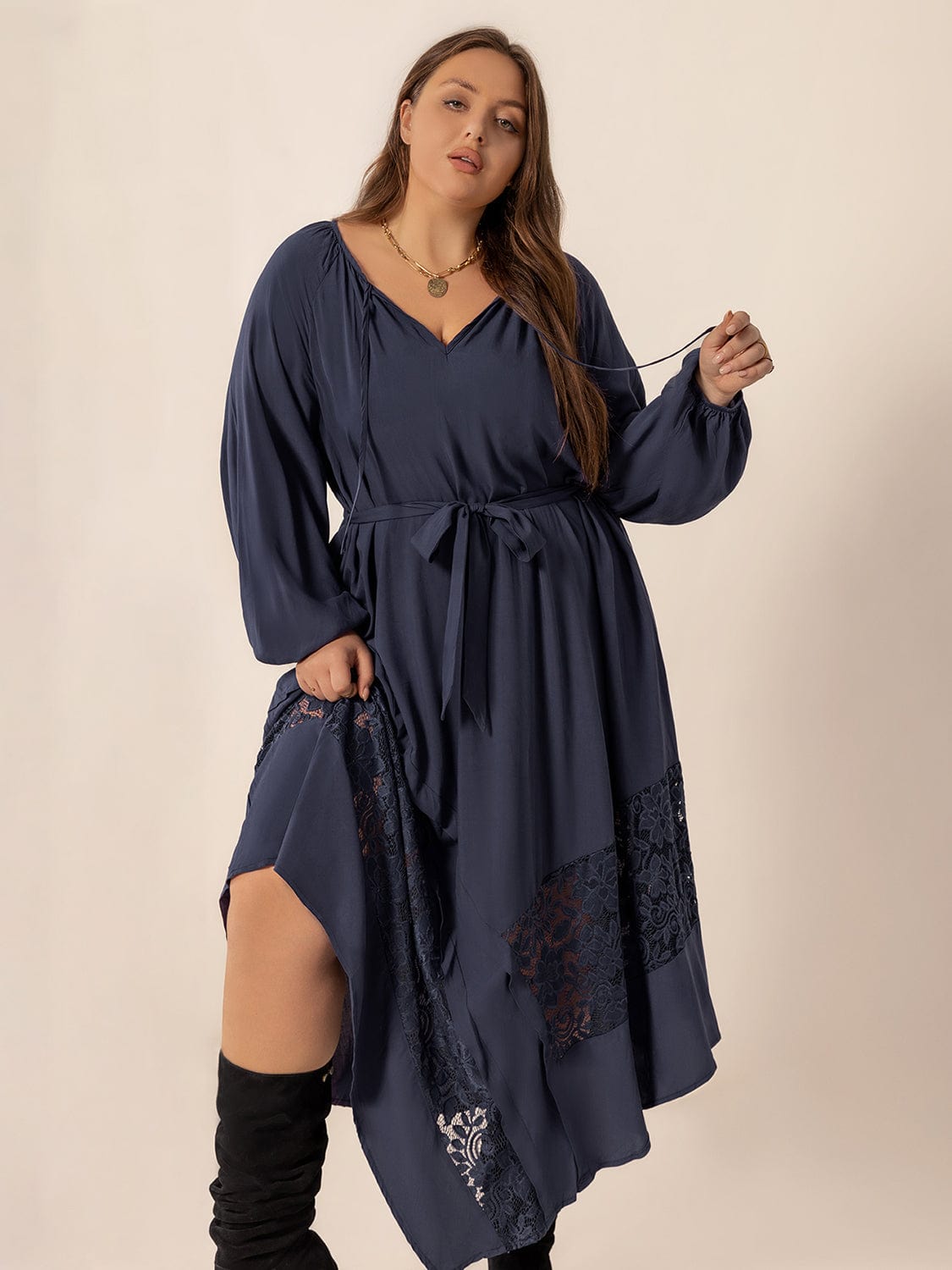 Plus Size Lace Detail Tie Neck Long Sleeve Midi Dress - Trendsi