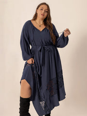 Plus Size Lace Detail Tie Neck Long Sleeve Midi Dress - Trendsi