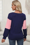 Color Block V-Neck Long Sleeve Top - Trendsi - Flyclothing LLC