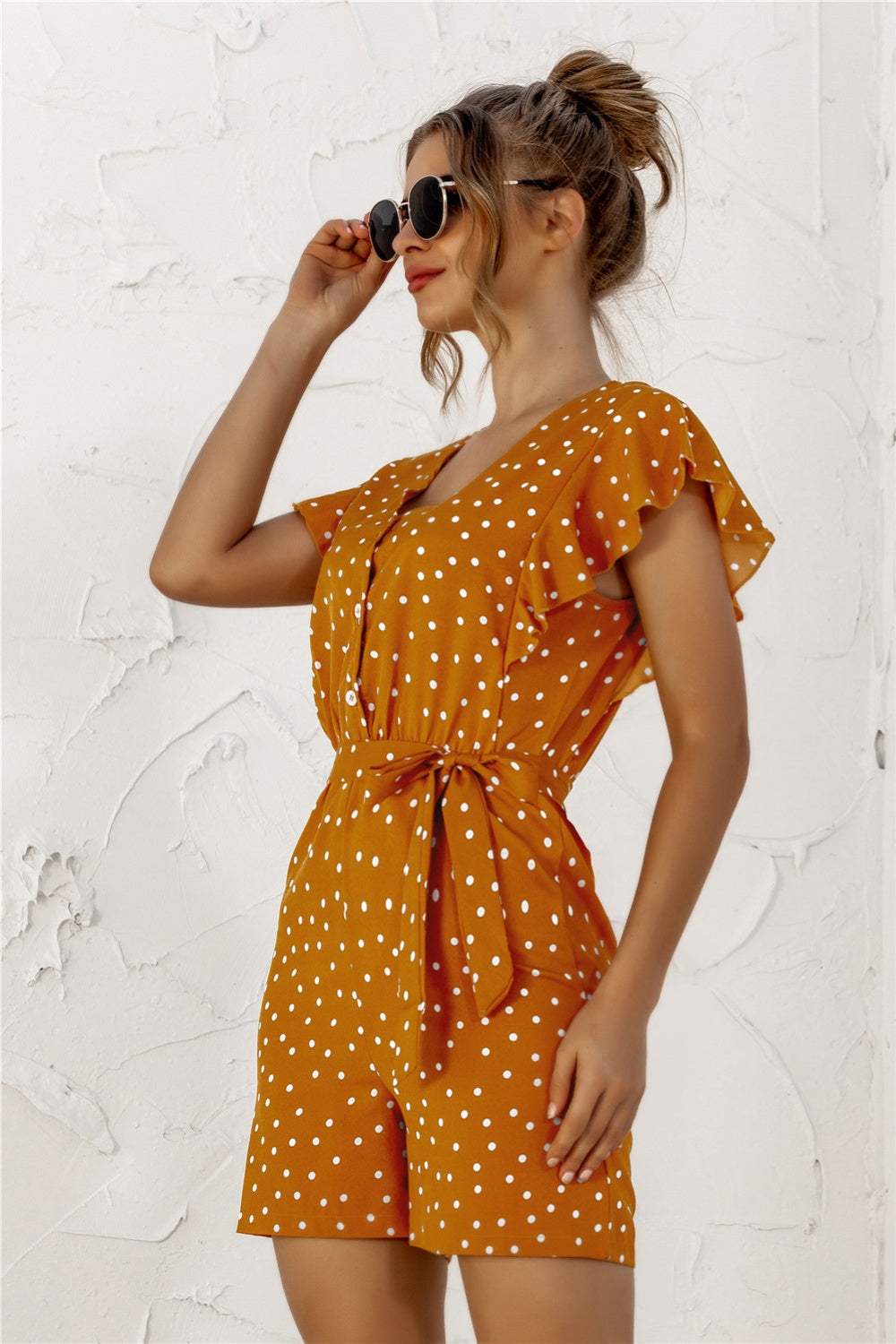 Ruffled Polka Dot Half Button Romper - Trendsi - Flyclothing LLC
