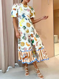 Printed Round Neck Puff Sleeve Dress - Trendsi