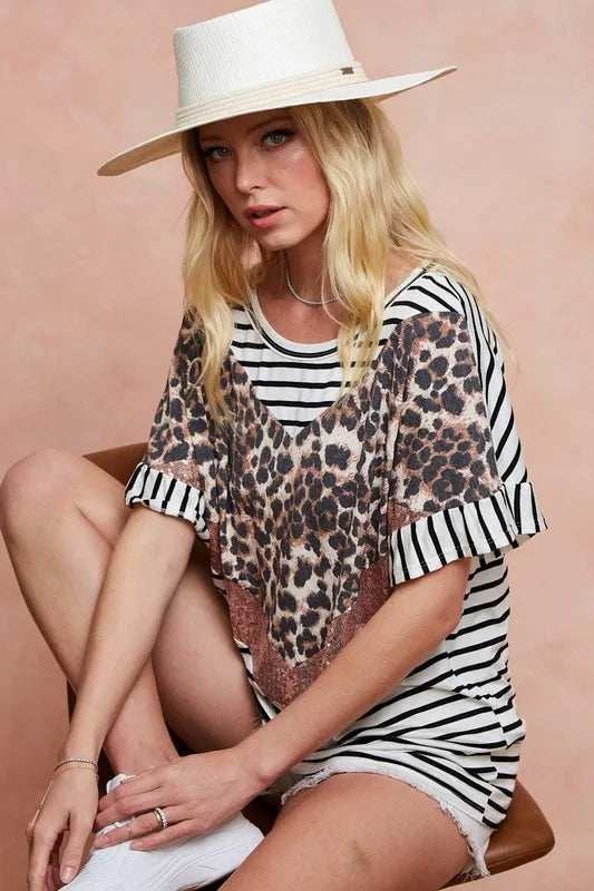 BiBi Stripe Rayon Span Knit Color Block Top With Leopard - Trendsi - Flyclothing LLC