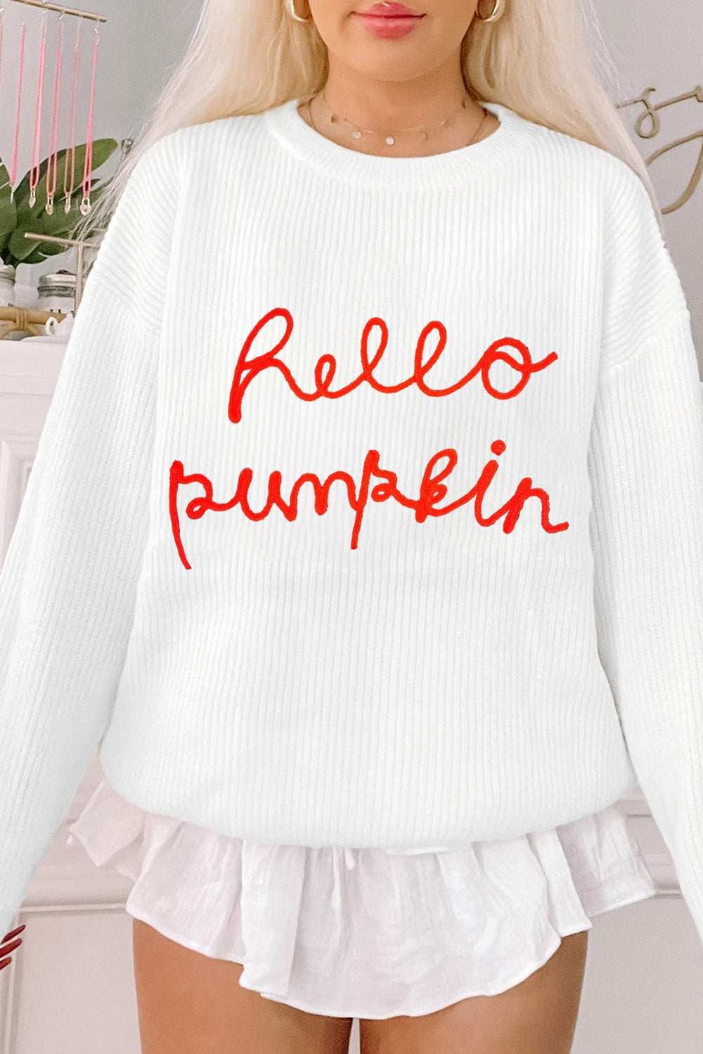 HELLO PUMPKIN Round Neck Long Sleeve Sweater - Trendsi - Flyclothing LLC