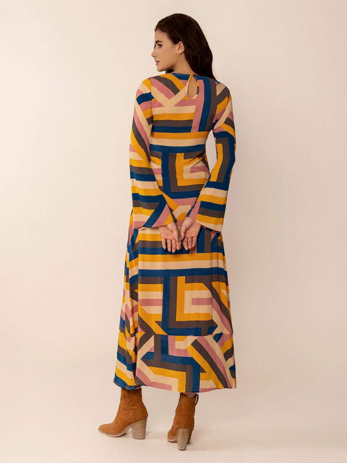Contrast Round Neck Flare Sleeve Midi Dress - Trendsi - Flyclothing LLC