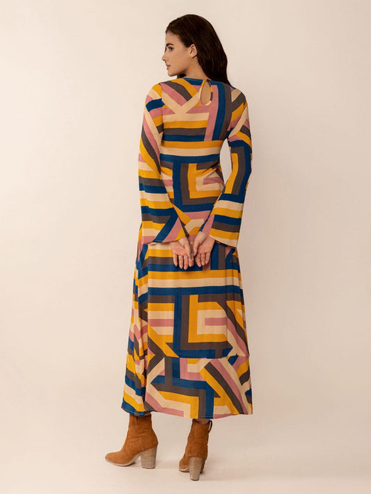 Contrast Round Neck Flare Sleeve Midi Dress - Trendsi