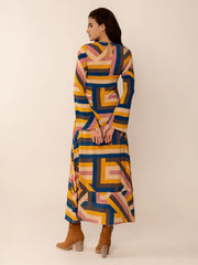 Contrast Round Neck Flare Sleeve Midi Dress - Trendsi