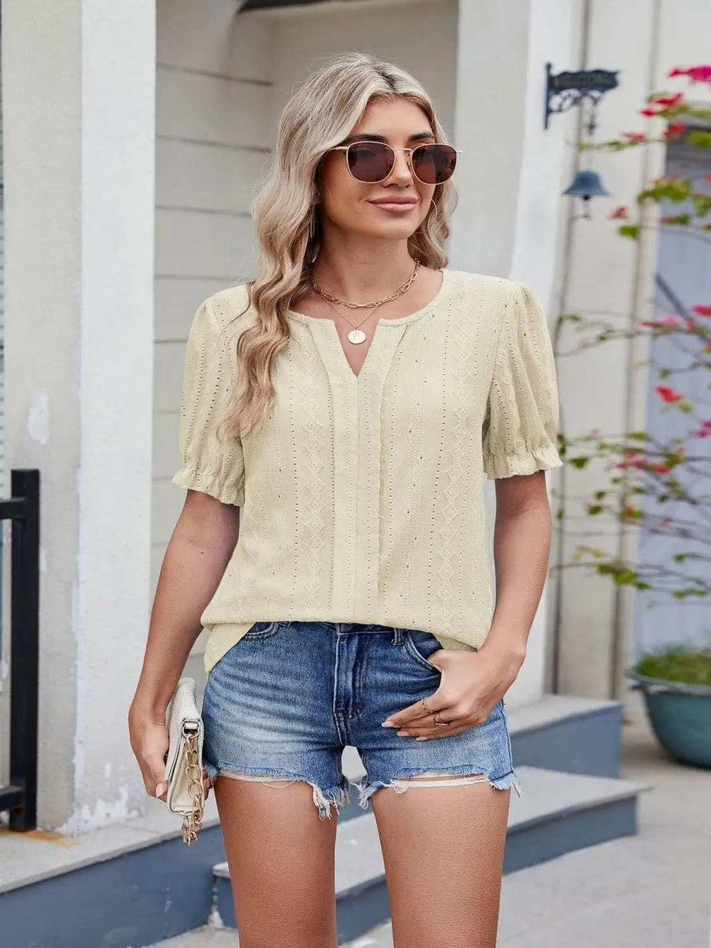 Eyelet Notched Short Sleeve Top - Trendsi - Flyclothing LLC