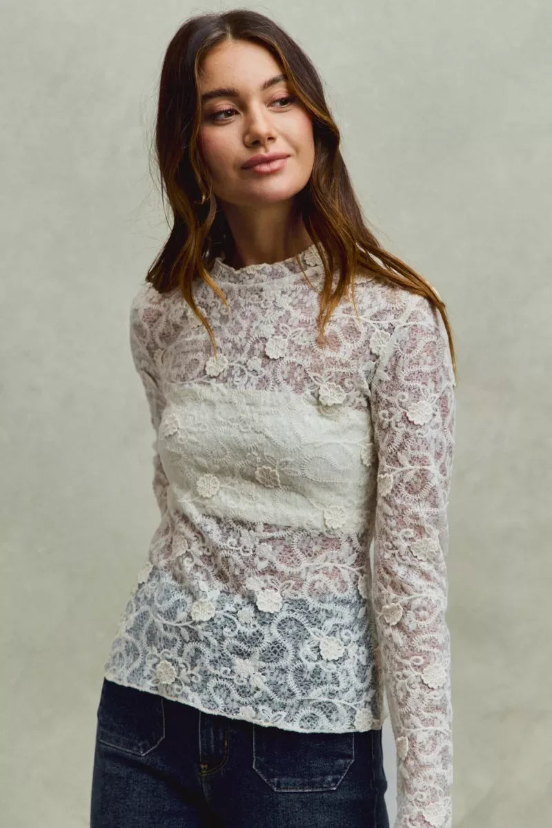 SO ME Lace Long Sleeve 3d Effect Floral Layering Top - Trendsi - Flyclothing LLC