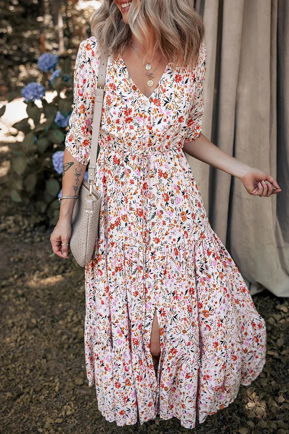 Boho Half Sleeve Floral V Neck Maxi Dress - Trendsi - Flyclothing LLC