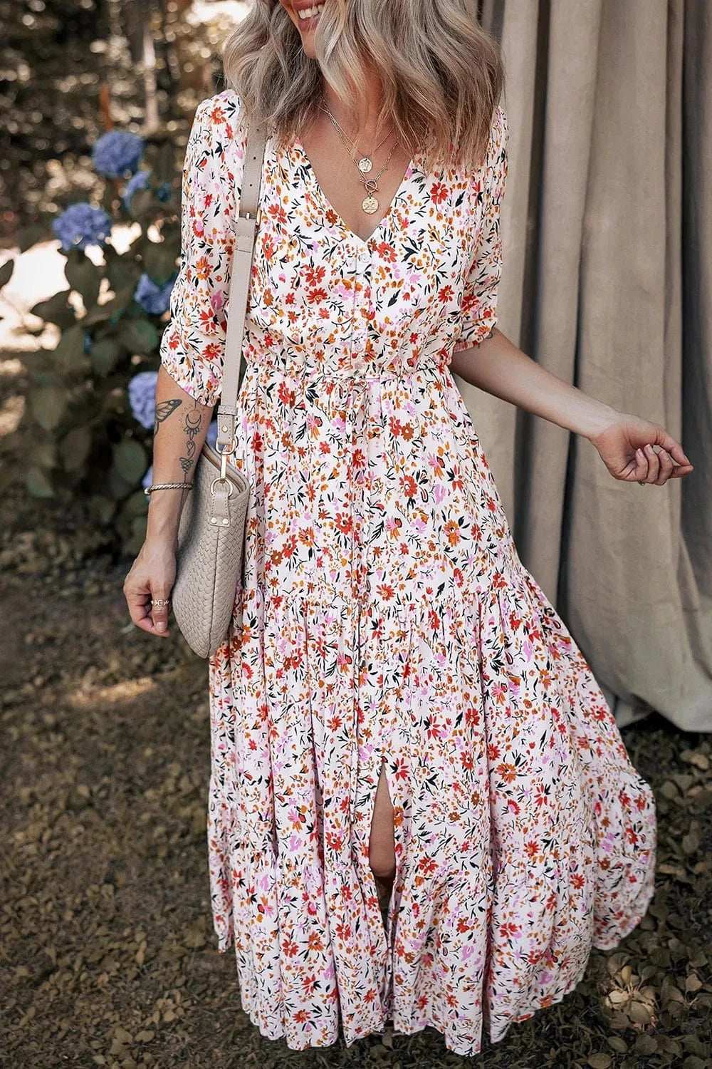 Boho Half Sleeve Floral V Neck Maxi Dress - Trendsi - Flyclothing LLC