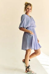 Davi & Dani Back Button Puff Sleeve Mini Dress - Trendsi - Flyclothing LLC