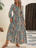 Printed Tie Neck Long Sleeve Maxi Dress - Trendsi