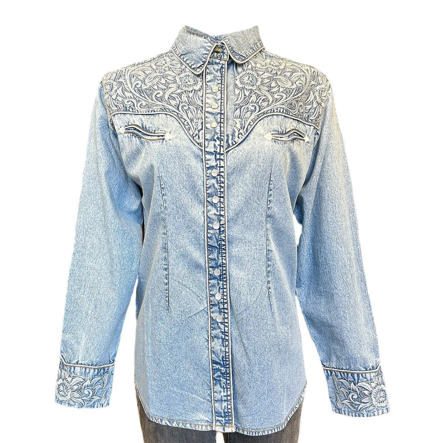 Rockmount Ranch Wear womens floral embroidered vintage denim shirt 7859 d blu sml - Rockmount Clothing - Flyclothing LLC