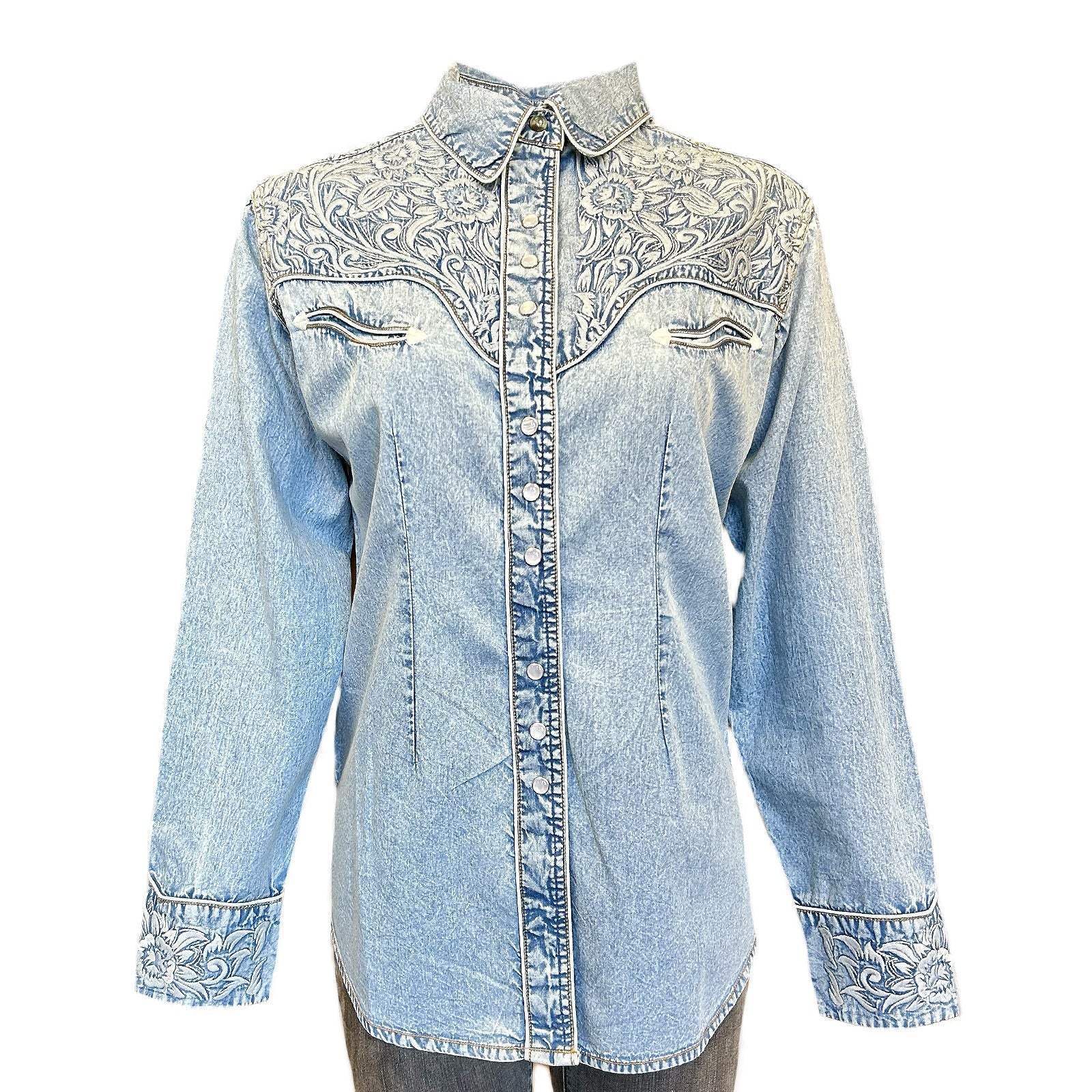 Rockmount Ranch Wear womens floral embroidered vintage denim shirt 7859 d blu sml - Rockmount Clothing - Flyclothing LLC