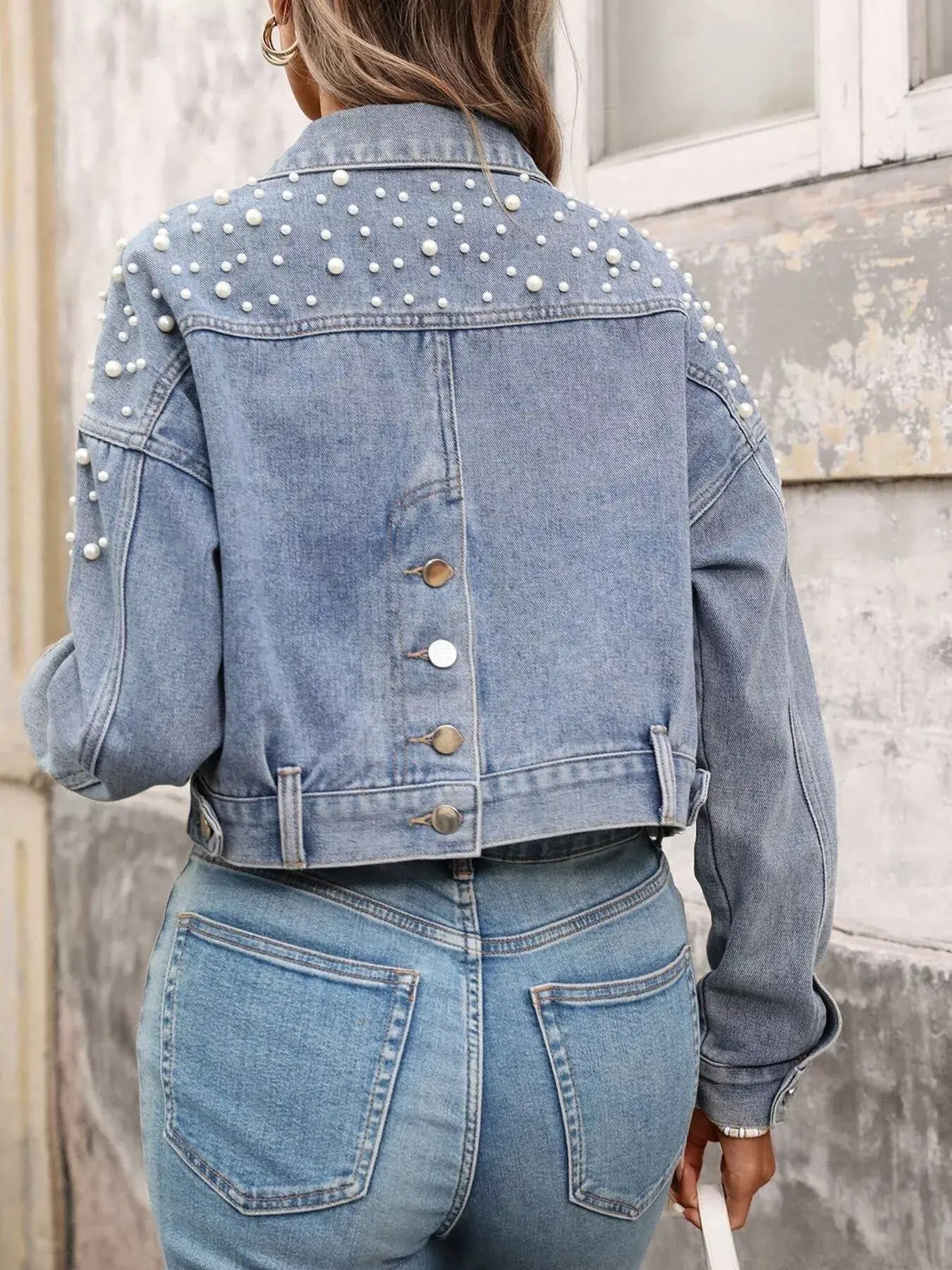 Pearl Embellished Cropped Denim Jacket - Trendsi - Flyclothing LLC