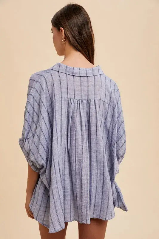 Annie Wear Striped Button Up Half Sleeve Shirt - Trendsi - Flyclothing LLC